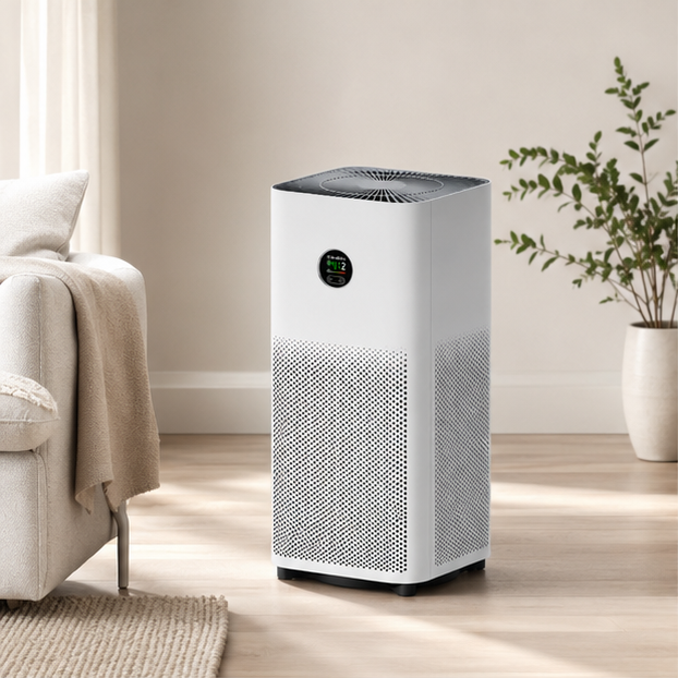 MIJIA Air Purifier 5 luftrenare i ett ljust vardagsrum bredvid en soffa och en grön krukväxt.